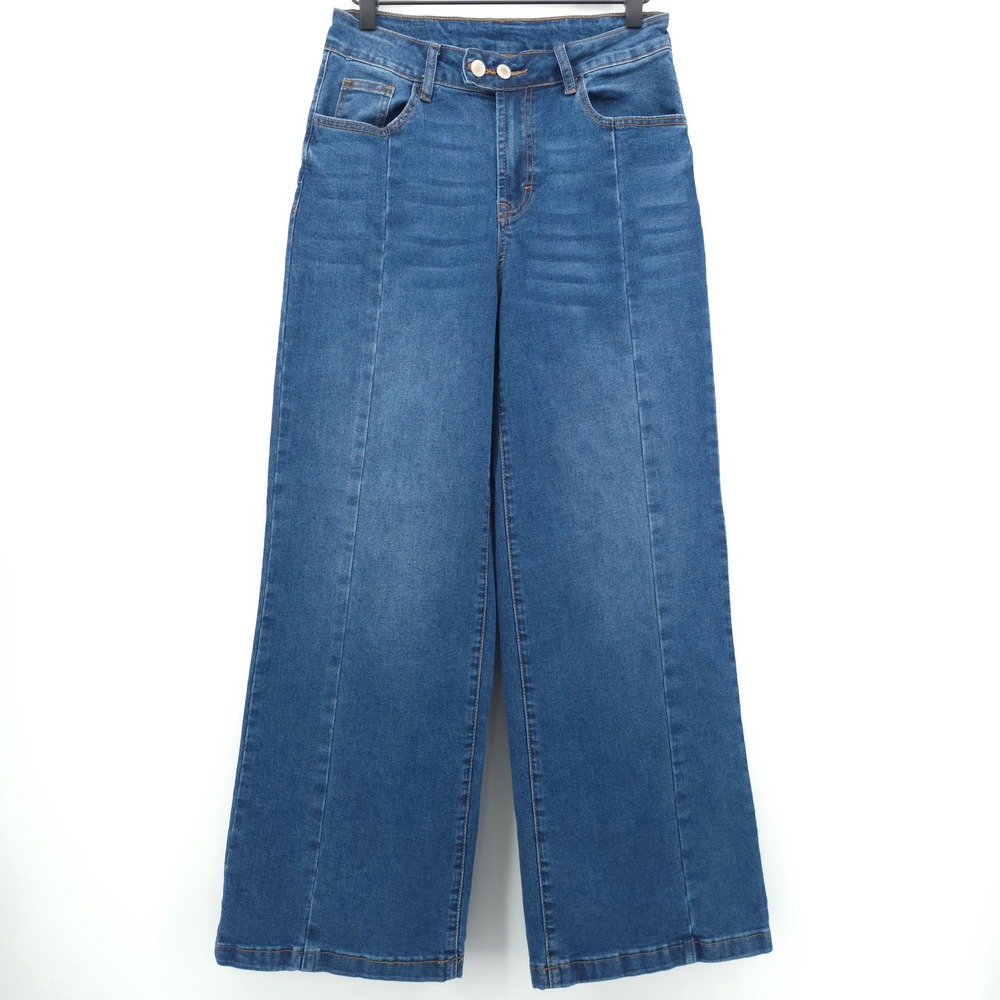 Sidefeel Womens Jeans Wide Leg Size 8 Blue High Rise Seam Front Retro Denim